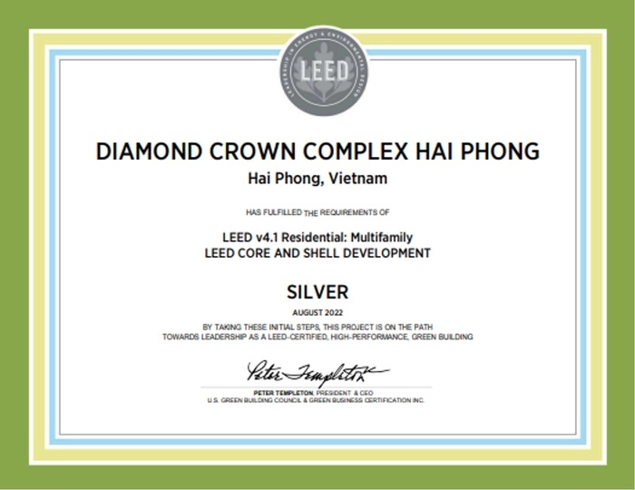 Diamond Crown Hai Phong là dự án chung cư đầu tiên của Việt Nam được cấp chứng nhận Công trình Xanh LEED Residential 4.1